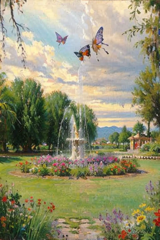 A beautiful picture of a garden with many different kinds of colorful flowers. In the center there is a beautiful fountain with butterflies flying around the flower garden.