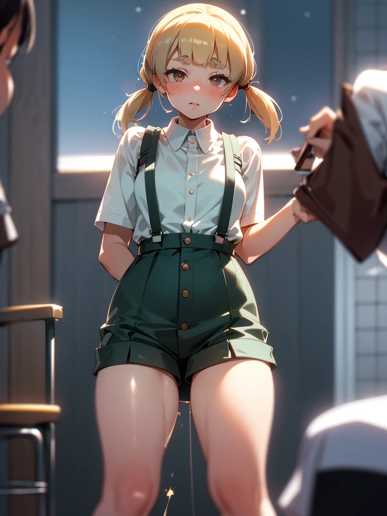 loli, blonde hair, big green eyes, low ponytail, parted bangs, classroom, wide hips, full body, short shorts, (masterpiece:1), (abundant detail:1), arched, elf ears, covered nipple