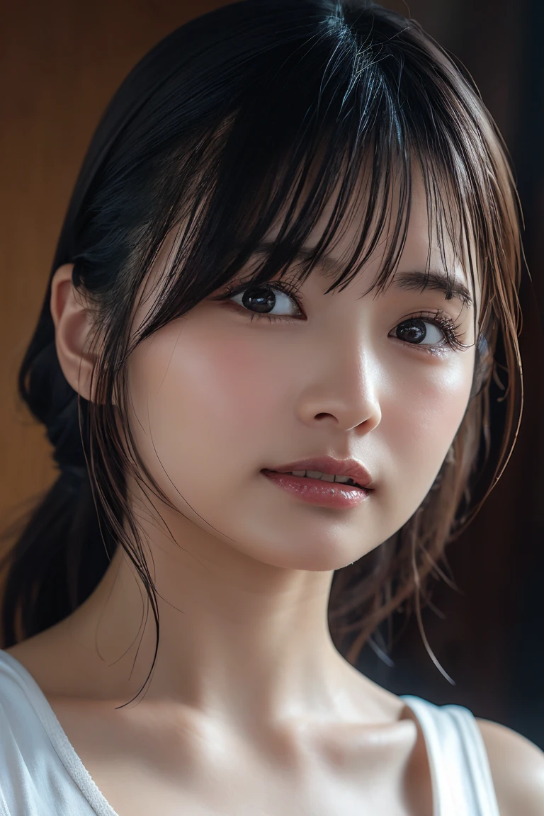 Close-up of a woman with long hair and a white tank top, HeadshotProfile picture, Headshot Portrait,photo of Asian woman who is around 55 years old and has some wrinkles around the corners of her eyes, but her skin has a youthful, gorgeous, and beautiful radiance,half closed eyes:1.3, squinting