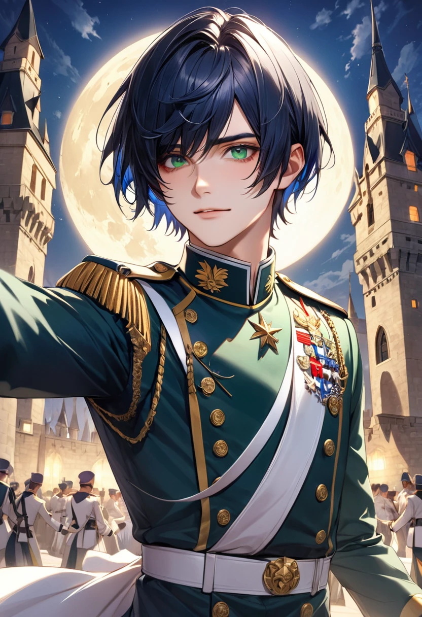 1 male　Dark blue bob cut　Bangs parted above the right eye　Dark blue eyebrows　Deep green eyes　White military uniform　Dance　full moon　Inside the castle