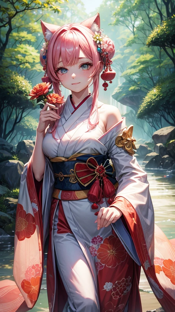 （She holds the flower in both hands.）,pink hair, hair over shoulder, parted bangs, jewelry, flower on head, mismatched pupils, aqua eyes, heart earrings, light smile, closed mouth, cinematic lighting, UHD, textured skin, high details, best quality, highres, 4K, 8k,lush forest, magical atmosphere, traditional Japanese painting technique, vibrant colors, soft lighting, fine fur, mysterious presence, intricate patterns