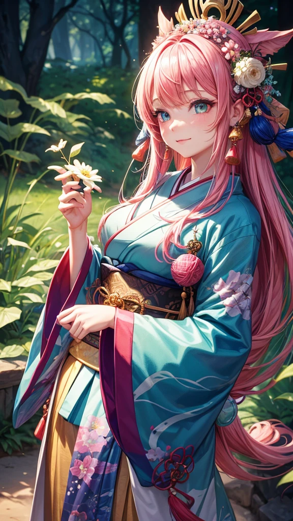 (She holds the flower in both hands.),pink hair, hair over shoulder, parted bangs, jewelry, flower on head, mismatched pupils, aqua eyes, heart earrings, light smile, closed mouth, cinematic lighting, UHD, textured skin, high details, best quality, highres, 4K, 8k,lush forest, magical atmosphere, traditional Japanese painting technique, vibrant colors, soft lighting, fine fur, mysterious presence, intricate patterns