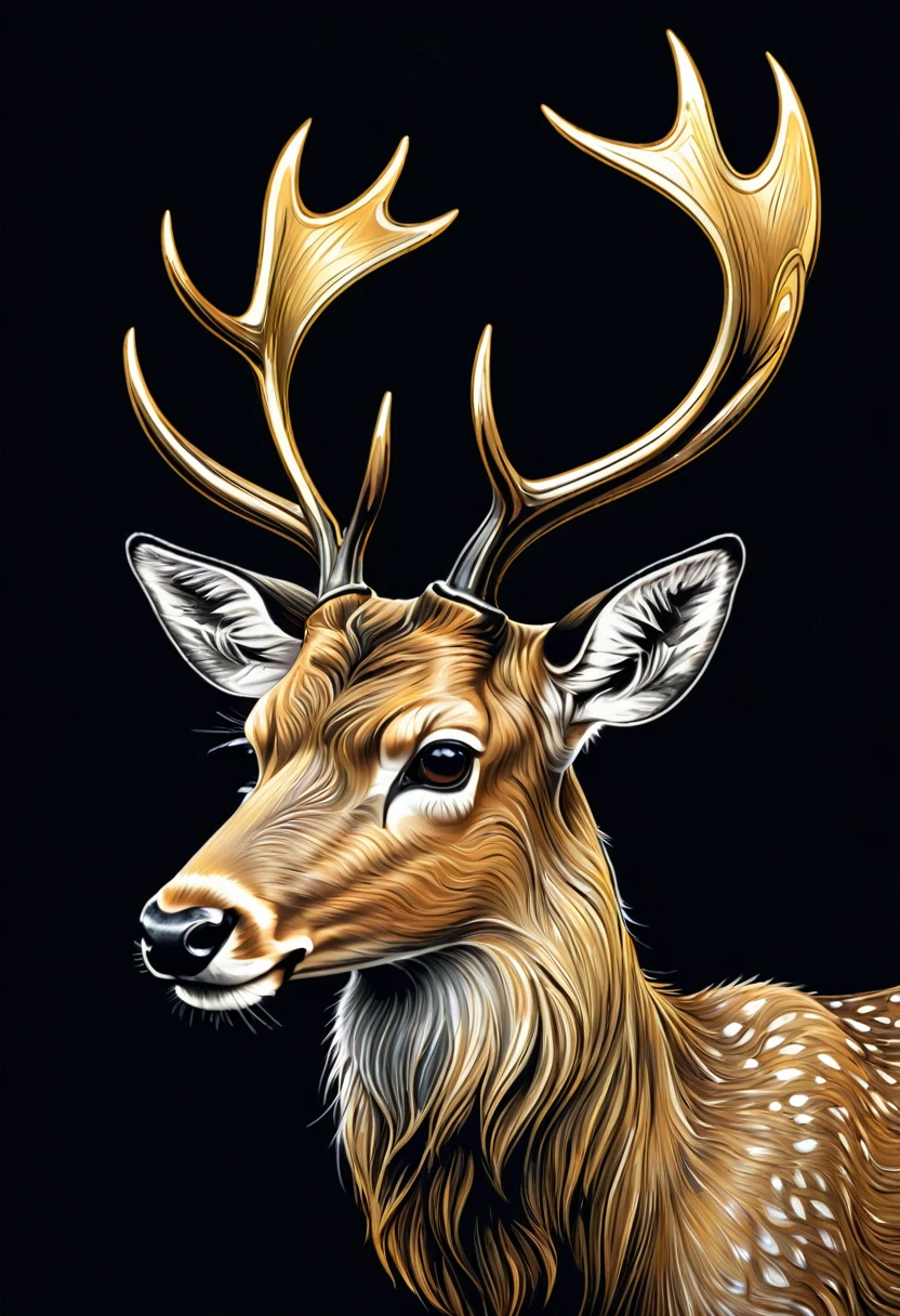 Golden deer on black background, sharp edges, masterpiece, drawn with pencil, Vector image, Front view