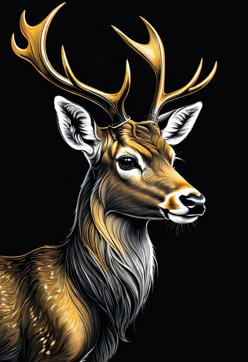 Golden deer on black background, sharp edges, ​masterpiece, drawn with pencil, Vector image, Front view 