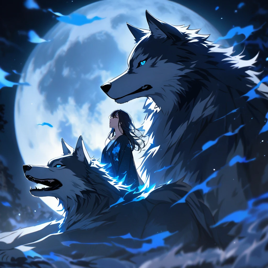 Wolf, covered in blue fire, howling at the moon, full moon in the background, black hair, solo,
The whole body, the wolf's body, the fire is burning, the snowy mountains, the black flames