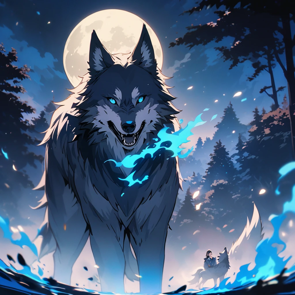 Wolf, covered in blue fire, howling at the moon, full moon in the background, black hair, solo,
The whole body, the wolf's body, the fire is burning, the snowy mountains, the black flames