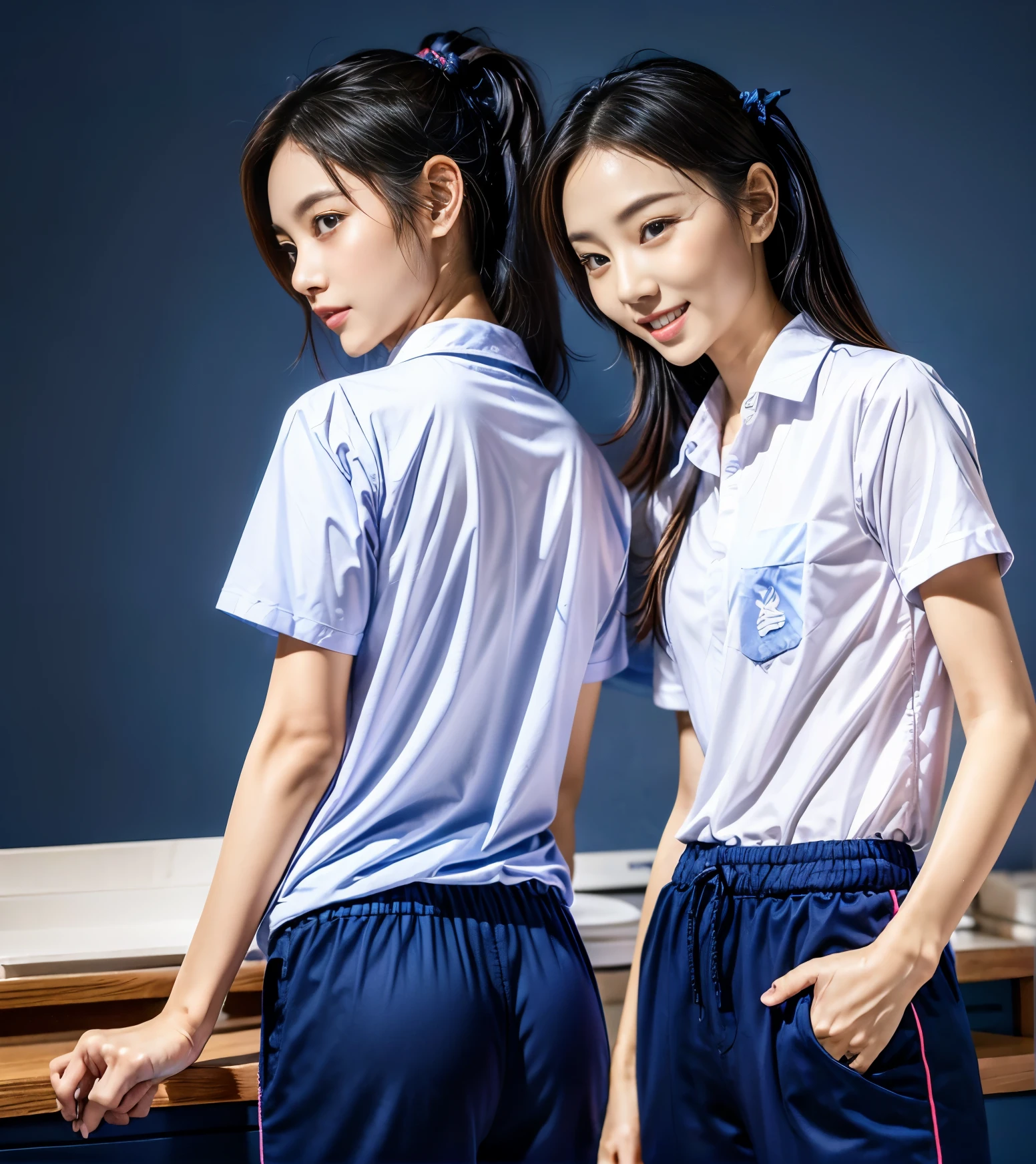(best quality,10,10,height,Masterpiece:1.2),Special details,(realistic,ภาพrealistic,Realistic photos:1.37),1 Cute girl in the kitchen,shiny, ผิวshiny,only,smile softly,BDclothelue shirt:1.3)),short sleeve,shirt, กางเกงขาlong.,(navy_long_track pants:1.1), ((Kitchen Background)),Dynamic angle,excited,Face focus,dynamic poses,from behind,focus on ass,Masterpiece, best quality, ultra realistic, hyper detail, 8k resolution, raw photos, Sharp focus, ((Navy blue shirt:1.1)), short sleeve, เส้นทางlong, perfect body, 2 mature women, 18 years old, Cinema-grade lighting system,blue sweatpants,shirtผ้าออกกำลังกาย,correct anatomy,perfect body, correct body, Sharp face, correct bodyทางกายวิภาค, full body, realistic gestures, long-haired, realistic poses,Wear long shorts...........................,ช่วงขาlong,Good shape,carved girl, Slender figure, model, Good shape, beautiful body,blue sweatpants, two girls kissing