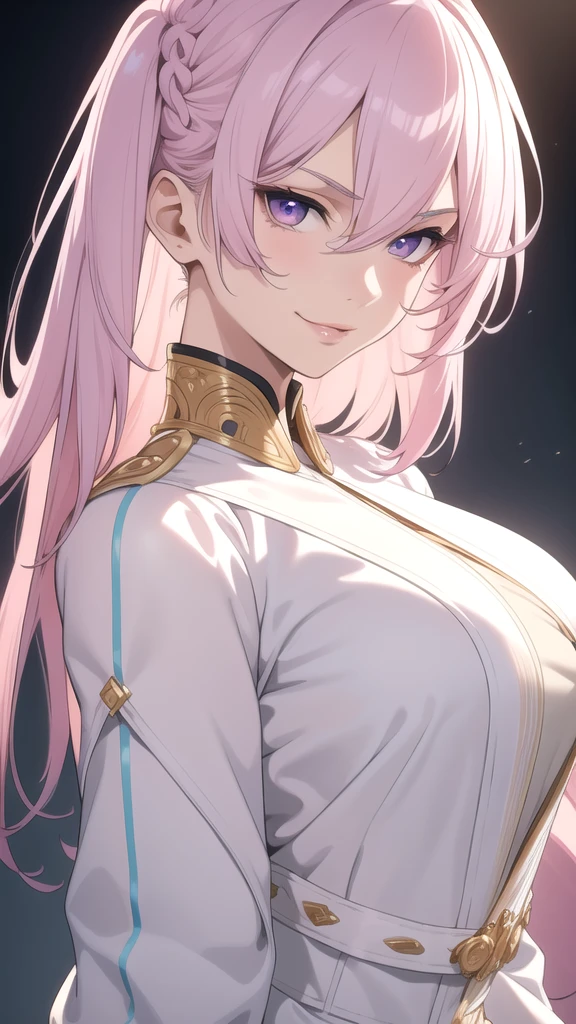 (masterpiece, best quality), intricate details, thin, ((slim)), beautiful girl, Light pink hair, white skin, light purple eyes, sharp jawline, cropped jacket, messy hair, plump lips, upper body, close up, smirk