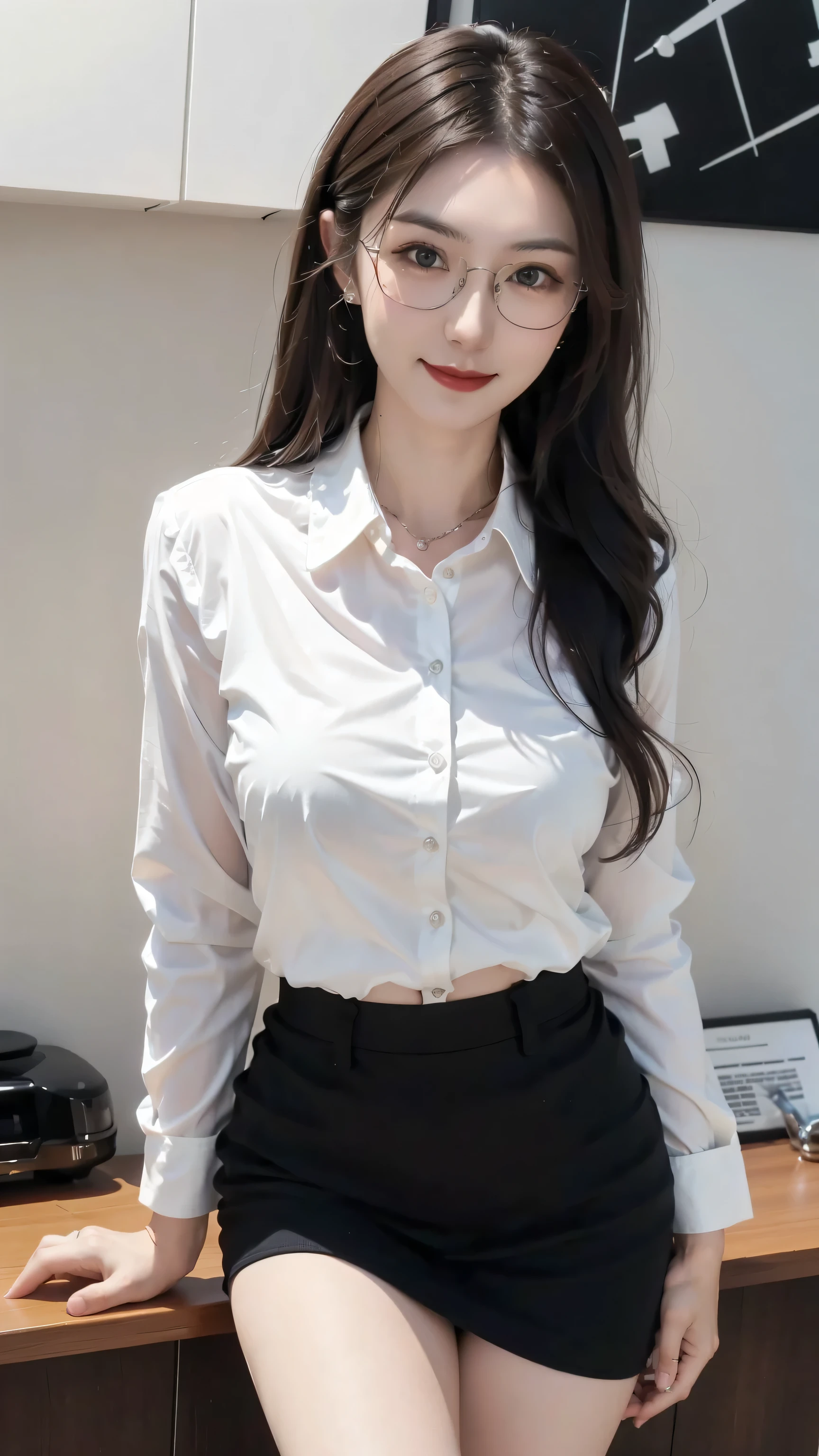 ((Realistic photo, Best quality, 8K, Masterpiece: 1.3)), (raw photo:1.2), Hyperrealist portrait gorgeous Beautiful Chinese girl, 20 years old, Perfect Figure, pretty slender body, (beautiful breasts: 1.2), very detailed eyes and face, (lustfully naughty face, crimson red lip, heavy makeup: 1.3, blushing), beautiful detailed eyes, seductive sharp eyes, (charming smile: 1.4), white skin, photo realistic, very detailed face, ((white tight shirt, black pencil miniskirt, wearing glasses)), (long legs: 1.2, beautiful long nails), loose curls hairstyle, ((standing pose)), (modern office room background)