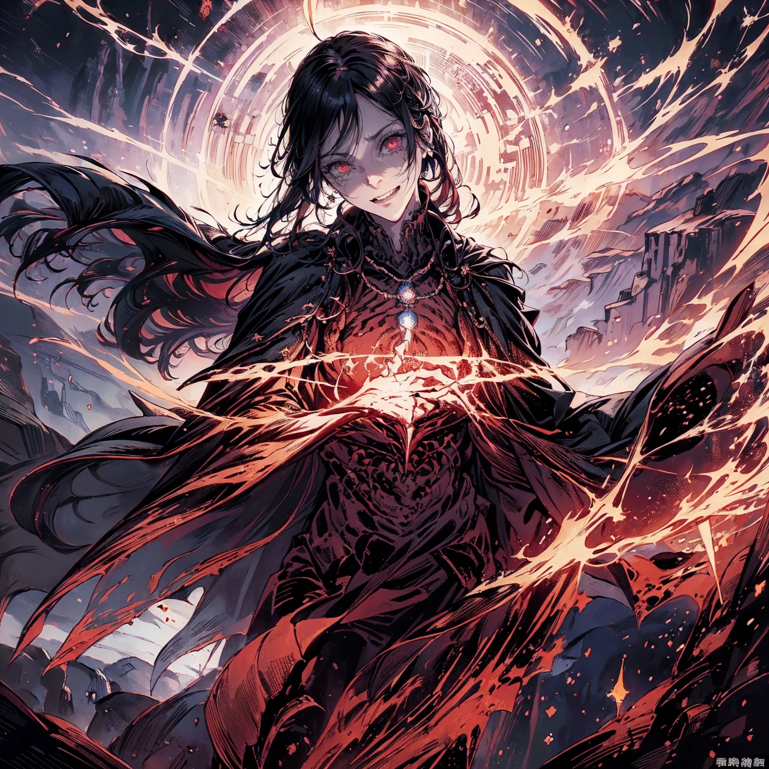 Black Hair动漫人物, Detailed cover design, Anime epic artwork, detailed key anime art, Be focused, dark fantasy artwork, Anime Fantasy Artwork, Official artwork with high detail, Dark Witch Panorama, Lich Vecna (d&d), (whole body:1.5), (Wide-angle lens:1.2), best quality, 4K, high resolution, (masterpiece:1.2), Very detailed, (current:1.37), (Anatomically correct:1.2), Mood lighting, Undead girl in a long cloak, Black Hair, 除了头仍然是美丽的人脸之外whole body都是骷髅骨头, Wearing a tattered gothic skirt, A sense of alienation, Dangerous sneer, Smiling and crying, Facing the camera, Pitch black sky, Blood red moon, strange atmosphere, Gothic style, Unforgettable beauty, Dramatic shadows, Ethereal Light, Mysterious atmosphere, Resurrection from the grave, The Black Magic, Dead, Dark Force (StarWar), Force lightning radiates from fingertips.