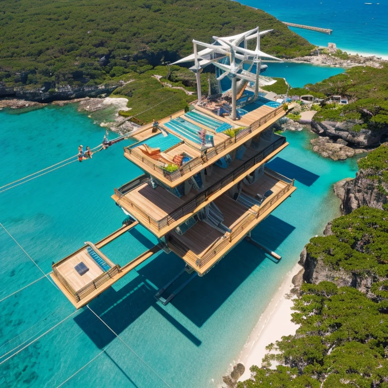 The Flying Gym in Aqua Reef Town is a breathtaking structure built on stilts above the azure waters of the reef. The gym is designed to resemble a large aviary, with open walls and ceilings allowing sea breezes and sunlight to fill the space. Inside, platforms made of wood and rope are suspended at various heights, connected by ladders, zip lines, and swinging bridges. Trainers must navigate these aerial obstacles to reach the gym leader, Skye, who awaits challengers atop the highest platform, with a panoramic view of the ocean and the sky.