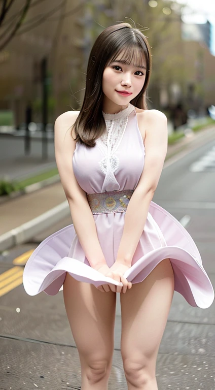 (Best quality, 8k, 32K, Masterpiece, uhd:1.2),Photo of Pretty Japanese woman,(Sad smile,blush:1.1),looking at viewer,(beautiful detailed dress skirt:1.2),detailed legs,(spread legs:0.9),(lace panties:0.9),(Wind lift:1.6), full body,windy,city,outdoors､Chubby､Big Breasts､Very large breasts､Very big 、