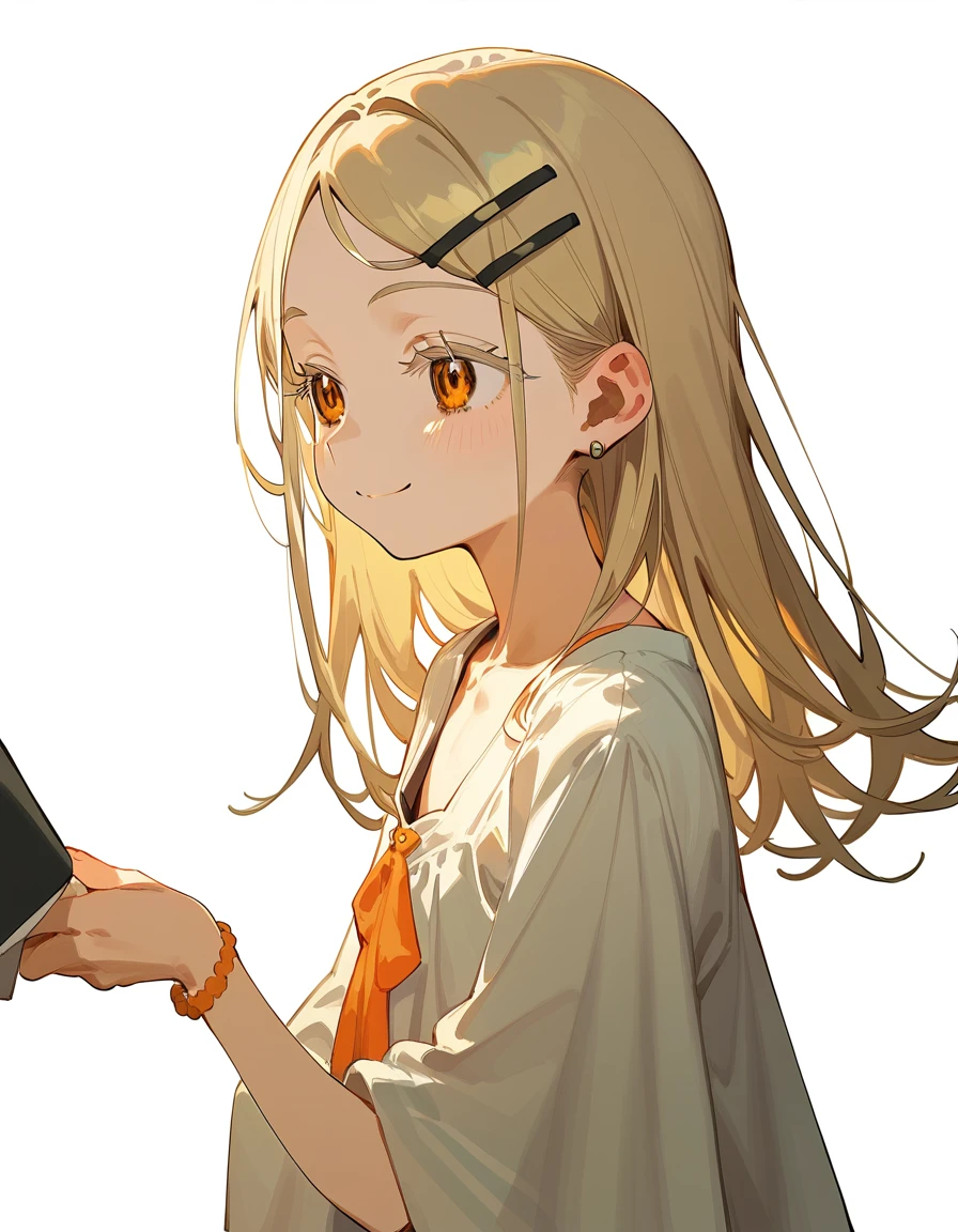 Highest quality, masterpiece, No fixes, Beark 1 Trouble Girl,shinosawa hiro,thin,Orange eyes,White eyelashes,blonde,Long Hair,Hair Clip,Crosshair Clip,Flat Chest,White Background,Seraphim,smile,whole body,From the side,