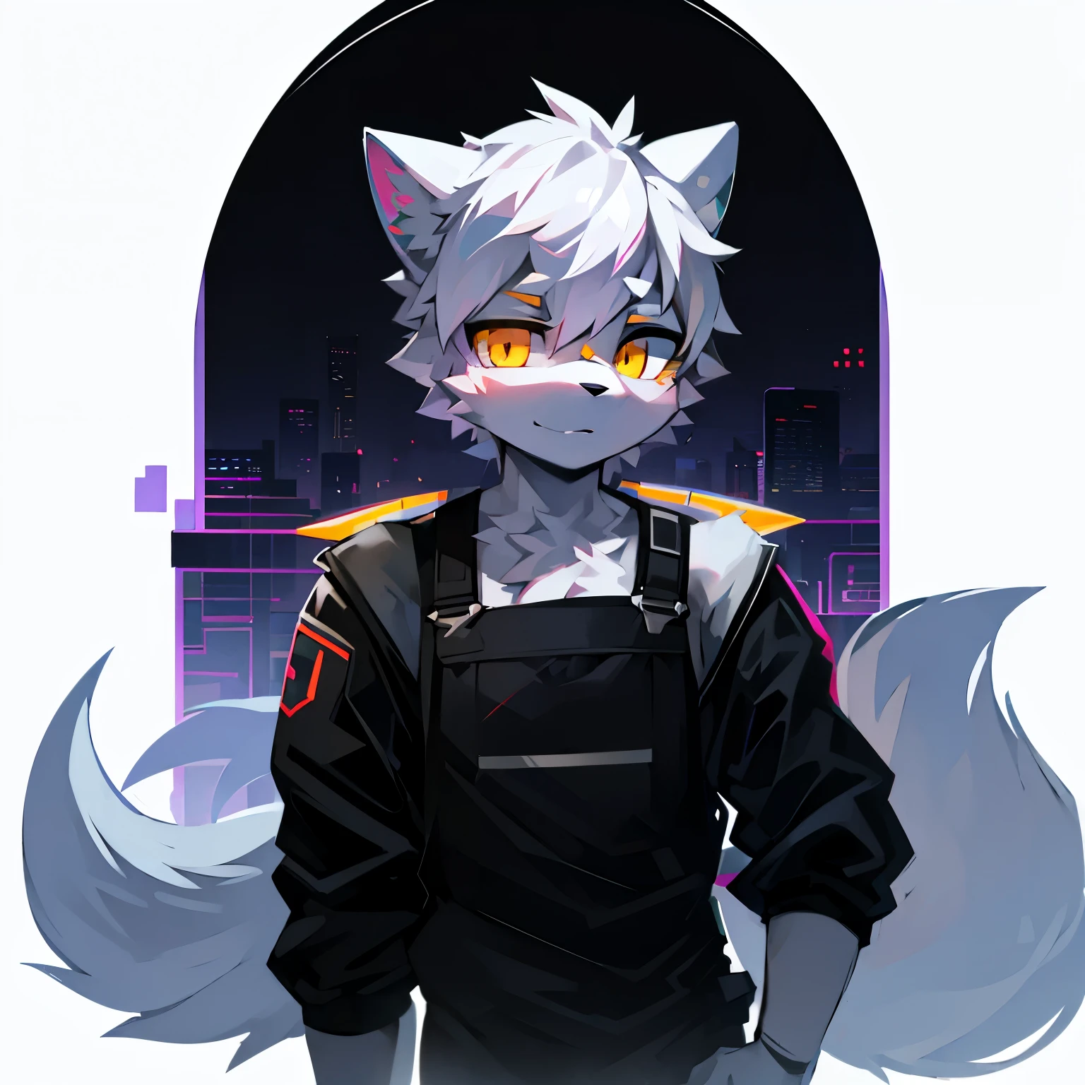 cyber punk perssonage,epcot,Tech style,solo person,White body,White ears,White hair,Overall white,Orange-yellow eyes,Wolf tail,Wolf orcs,Young,Wear a short-sleeved shirt,Ultra-clear screen,Soft lines