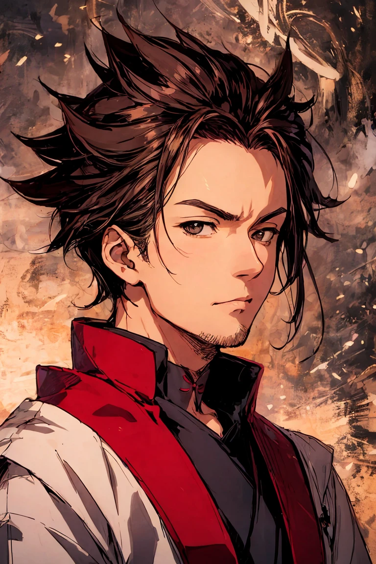Portrait of Miyamoto Musashi。Around him、Illustrations from previous episodes are used as backgrounds.