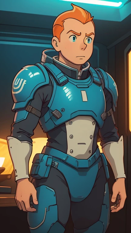 (Teens:1male: Tintin), (extremely detailed CG unit 8k wallpaper),(master part), (best quality), (ultra detali), (best illustration),(melhor ombre), cowboy shot, (Sharp eyeliner, ombre, detailed eyes:1), dark neon light space station indoors background, ,break , (StudioGhibliStyleHMC), upper body, very short hair,orange hair,armorsuit