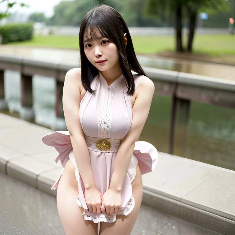 (Best quality, 8k, 32K, Masterpiece, uhd:1.2),Photo of Pretty Japanese woman,(Sad smile,blush:1.1),looking at viewer,(beautiful detailed dress skirt:1.2),detailed legs,(spread legs:0.9),(lace panties:0.9),(Wind lift:1.6), full body,windy,city,outdoors、Chubby、Big Breasts、Very large breasts、Big Ass、