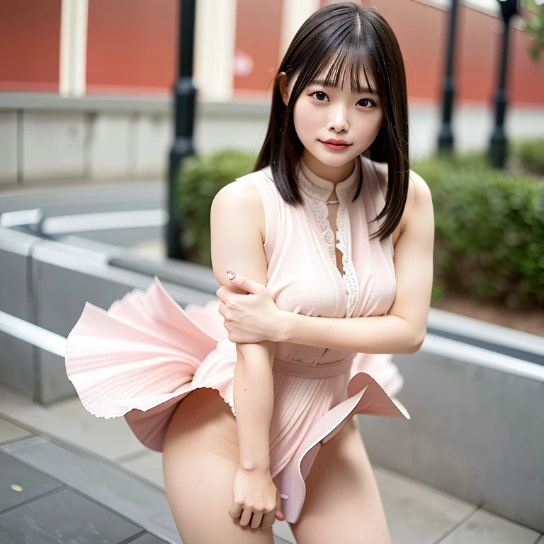 (Best quality, 8k, 32K, Masterpiece, uhd:1.2),Photo of Pretty Japanese woman,(Sad smile,blush:1.1),looking at viewer,(beautiful detailed dress skirt:1.2),detailed legs,(spread legs:0.9),(lace panties:0.9),(Wind lift:1.6), full body,windy,city,outdoors､Chubby､Big Breasts､Very large breasts､Big Ass、