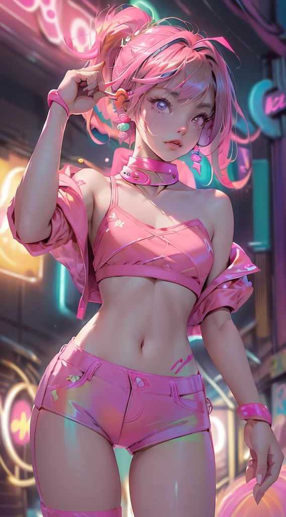 ((Masterpiece)), best quality, absurderes, ultra detailed, holographic, cowboy shot, golden ratio, super cute girl, mature girl, idol girl, super beautiful asian girl with very beautiful violet glowing eyes, beautiful glowing brown multicolored hair, high ponytail, nice and sexy body, slim body, perfect body, an anime printed super tight off shoulder long sleeve crop top, wearing super tight anime print micro shorts, a super aesthetic transparent mini jacket, beautiful hair ornament, pink jordan tennis, being photographed in a mall shop,( undressing, taking off micro shorts, showing neon pink panties, showing thong: 1.5)