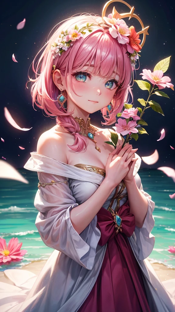 (（She holds the flower in both hands.）),（Moon and petals in background）,pink hair, hair over shoulder, parted bangs, jewelry, flower on head, mismatched pupils, aqua eyes, heart earrings, light smile, closed mouth, cinematic lighting, UHD, textured skin, high details, best quality, highres, 4K, 8k