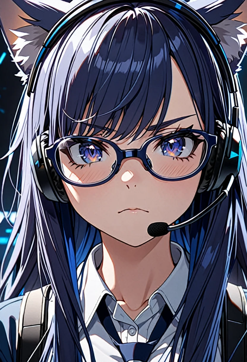 8K Ultra High-Quality, ultra-detailed, High quality, 8K Ultra High-Quality, ultra-detailed, High quality, Dark Blue hair, Long hair, Headset, cat girl, Glasses, serious face, close up