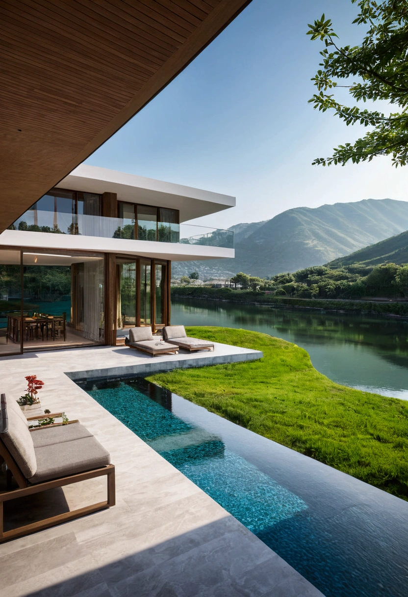 Modern Villa，二层architecture，patio，Fishpond，Back to the mountains，Facing the lake，现代architecture风格， Ultra-detailed photos，architecture，complicated，cool, High Dynamic Range，Dynamic Lighting, Realistic, Natural soft lighting, 低H, masterpiece, 8k Detailed，There are a lot of details，Oversized floor-to-ceiling glass，The combination of technology and natural environment，looks super cool