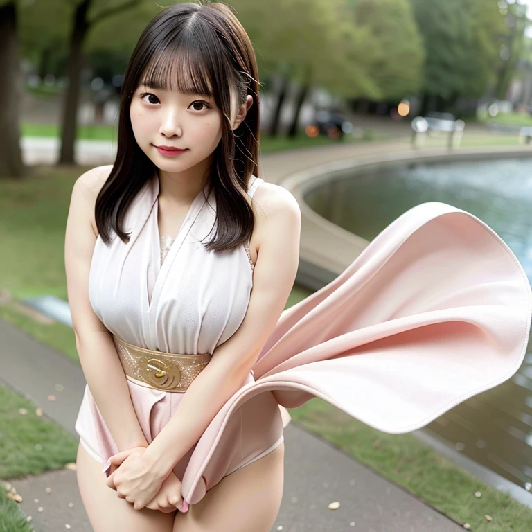 (Best quality, 8k, 32K, Masterpiece, uhd:1.2),Photo of Pretty Japanese woman,(Sad smile,blush:1.1),looking at viewer,(beautiful detailed dress skirt:1.2),detailed legs,(spread legs:0.9),(lace panties:0.9),(Wind lift:1.6), full body,windy,city,outdoors､Chubby､Big Breasts､Very large breasts､Very big ass、