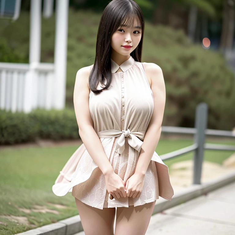 (Best quality, 8k, 32K, Masterpiece, uhd:1.2),Photo of Pretty Japanese woman,(Sad smile,blush:1.1),looking at viewer,(beautiful detailed dress skirt:1.2),detailed legs,(spread legs:0.9),(lace panties:0.9),(Wind lift:1.6), full body,windy,city,outdoors､Chubby､Big Breasts､Very large breasts､Very big 、