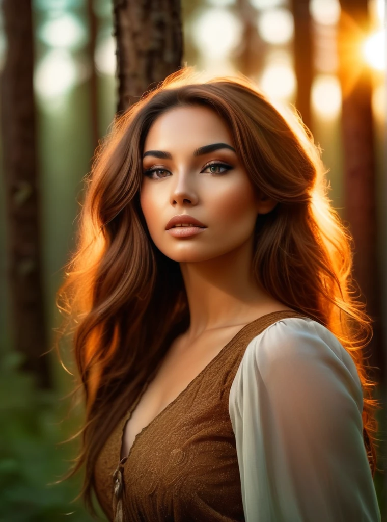 Beautiful mystical woman with brown hair, in a beautiful forest enjoying the sunset  