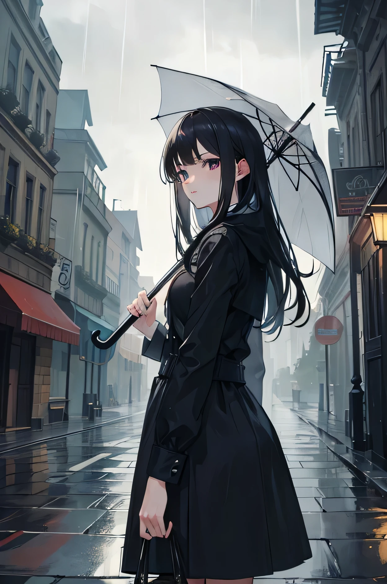 masterpiece,Highest quality,rain,dark,In town,umbrella,one piece,Black Hair,landscape,City,梅rain
