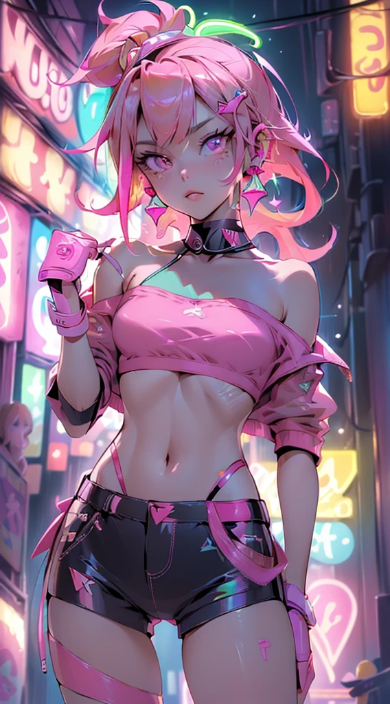 ((Masterpiece)), best quality, absurderes, ultra detailed, holographic, cowboy shot, golden ratio, super cute girl, mature girl, idol girl, super beautiful asian girl with very beautiful violet glowing eyes, beautiful glowing brown multicolored hair, high ponytail, nice and sexy body, slim body, perfect body, an anime printed super tight off shoulder long sleeve crop top, wearing super tight anime print micro shorts, a super aesthetic transparent mini jacket, beautiful hair ornament, pink jordan tennis, being photographed in a mall shop,( undressing, taking off micro shorts, showing neon pink panties, showing thong: 1.5)