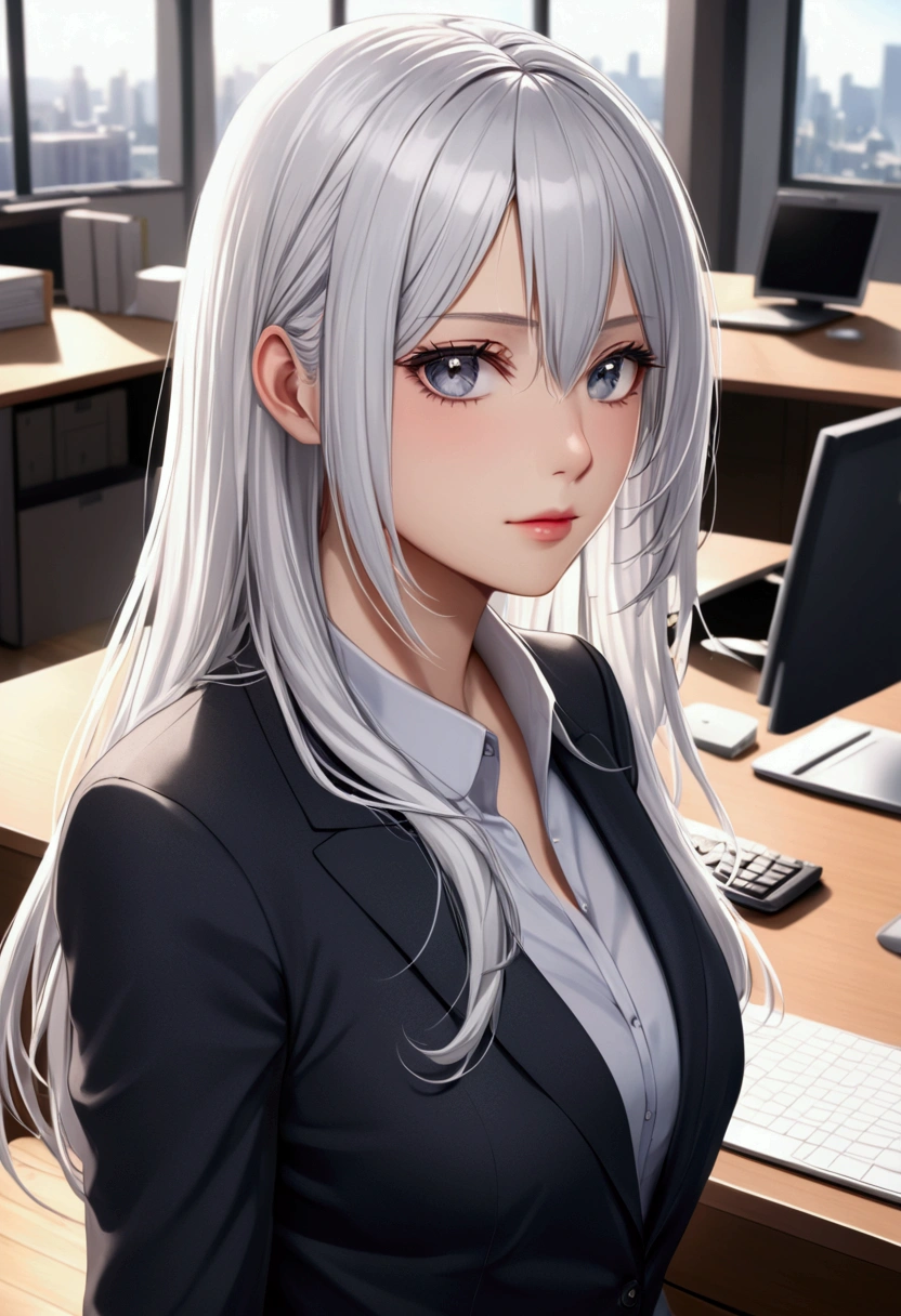 Long white hair , grey eyes, fair skin,office lady,detailed hair, detailed eyes,detailed body, best quality, high resolution, 8k