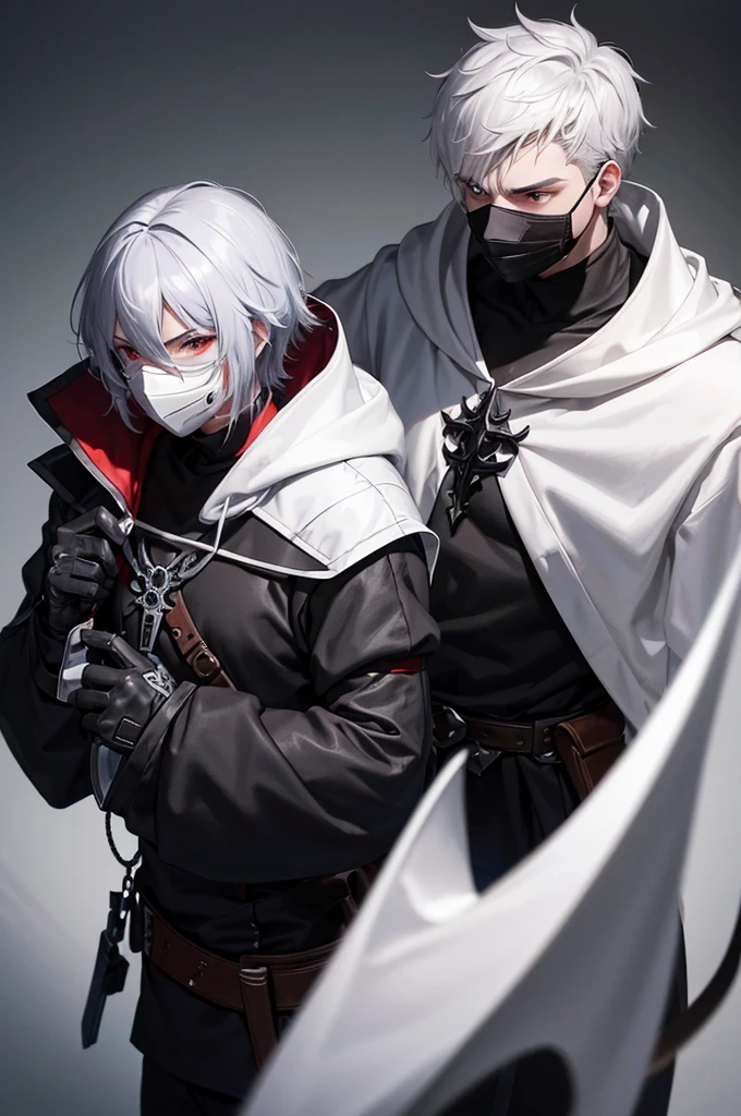 Assassin, male, fantasy character, strong body Wear a skull mask to cover your face and eyes. Wears black medieval clothing and a white hoodie on the outside, gray hair, short hair, red eyes.