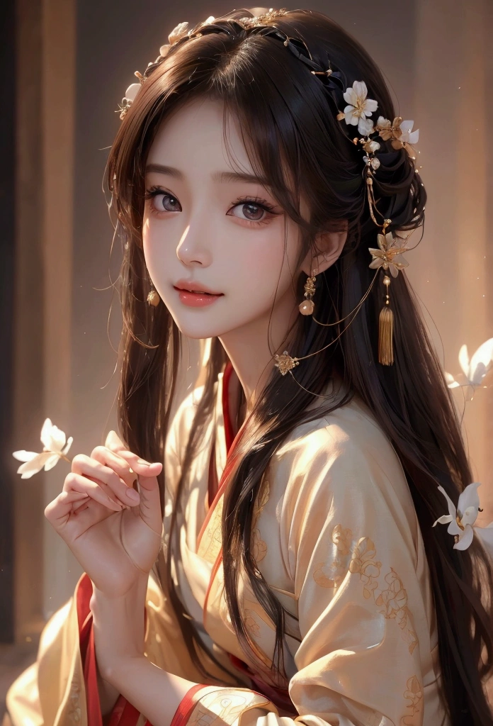Best image quality、8k、masterpiece：1.3))、Realistic high-quality photos、Highest quality、 Beautiful face、Photos of slim models、Beautiful girl model、Young and pretty face、Beautiful model girl、A lovely and delicate face、Black Hair、Beautiful brown eyes、Young Body、Hanfu, (emphasize)、from the front、Camera gaze,、Anatomically correct、胸の谷間をemphasize、whole body、smile