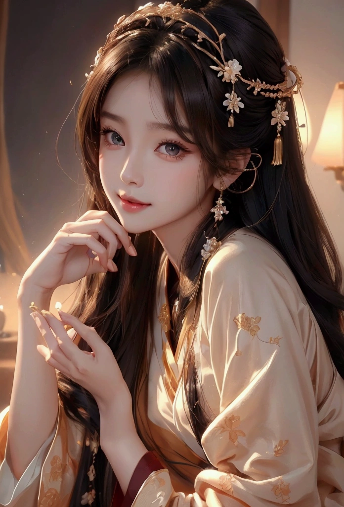 Best image quality、8k、masterpiece:1.3))、Realistic high-quality photos、Highest quality、 Beautiful face、Photos of slim models、Beautiful girl model、Young and pretty face、Beautiful model girl、A lovely and delicate face、Black Hair、Beautiful brown eyes、Young Body、Hanfu, (emphasize)、from the front、Camera gaze,、Anatomically correct、胸の谷間をemphasize、whole body、smile