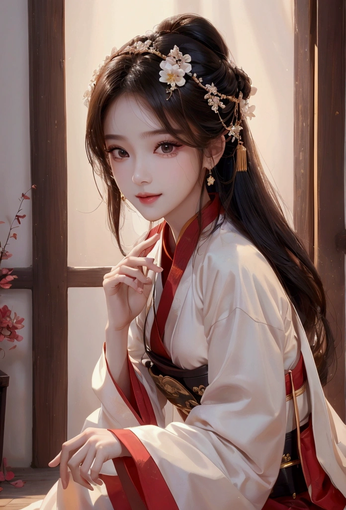 Best image quality、8k、masterpiece:1.3))、Realistic high-quality photos、Highest quality、 Beautiful face、Photos of slim models、Beautiful girl model、Young and pretty face、Beautiful model girl、A lovely and delicate face、Black Hair、Beautiful brown eyes、Young Body、Hanfu, (emphasize)、from the front、Camera gaze,、Anatomically correct、胸の谷間をemphasize、whole body、smile