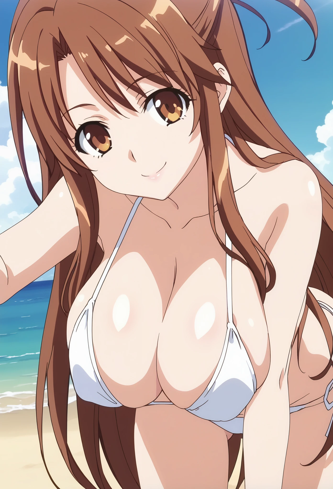 source_anime, anime screencap, megami magazine, BREAK iida , huge breasts,railwars!,brown hair,brown eyes,long hair, bikini, in beach, seductive smile, closed mouth, looking at viewer, cowboy shot, bent over