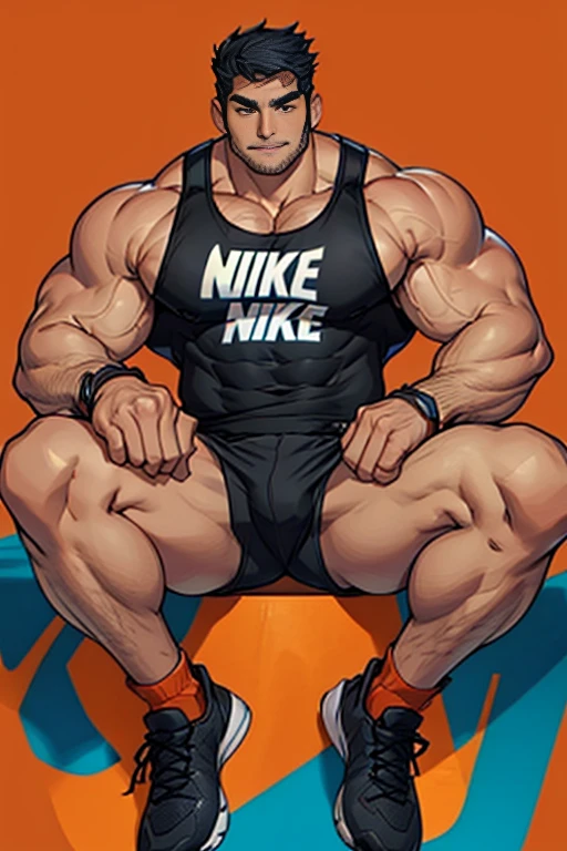 A male athlete，Wearing a red and blue Nike sleeveless top and black Nike shorts,He is muscular,Shot from below，Orange background,Wear Nike socks,sit