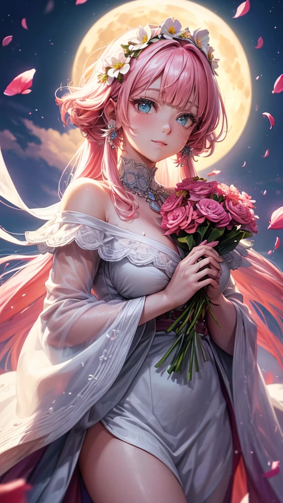 ((The big moon is in the background, petals,She holds the flower in both hands.)),pink hair, hair over shoulder, parted bangs, jewelry, flower on head, mismatched pupils, aqua eyes, heart earrings, light smile, closed mouth, cinematic lighting, UHD, textured skin, high details, best quality, highres, 4K, 8k
