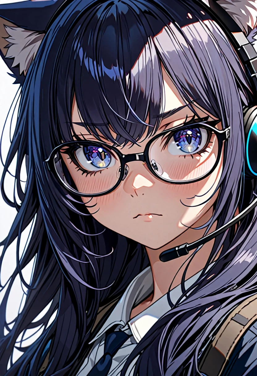 8K Ultra High-Quality, ultra-detailed, High quality, 8K Ultra High-Quality, very detailed eyes, ultra-detailed, High quality, Dark Blue hair, Long hair, Headset, cat girl, Glasses, serious face, close up
