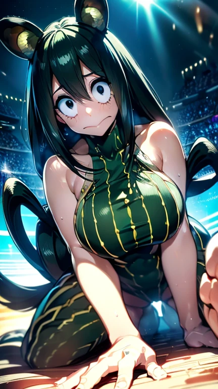 Best Quality,4k,high resolution,Masterpiece:1.2), (ultra detailed), (NSFW is not safe for artwork), (Tsuyu Asui) (My hero academia settings), (pose sexual), (realist,photorealist,fotorrealista:1.37), (High DefinitionR,High Definition), (portrait), (vivid colors), (long legs), (clearly elongated face), (broad) (Hermosos detailed eyes), (beautiful detailed lips), (extremely detailed eyes and face), bright eyes Dynamic angle and posture, soaked in sweat, perspiration, undressing (long eyelashes), (sharp focus), (Physically based representation), (unclothed), (big breasts) (legs open), (intense), (expression of intense desire), (motion blur), (elegant), (slim figure), (anime inspired), (bright lights), (sexual), (contrasting colors), (mysterious atmosphere), (action packed scene), (Unique style), (surprising), (elegant), (evocative), (expressive), (Intriguing atmosphere), (giant breasts:1.2) ((Best Quality)),((Very detailed)),Masterpiece,absurdities,detailed face,beautiful face,(detailed eyes, deep eyes),(1 girl),((dynamic pose)), erotic lingerie