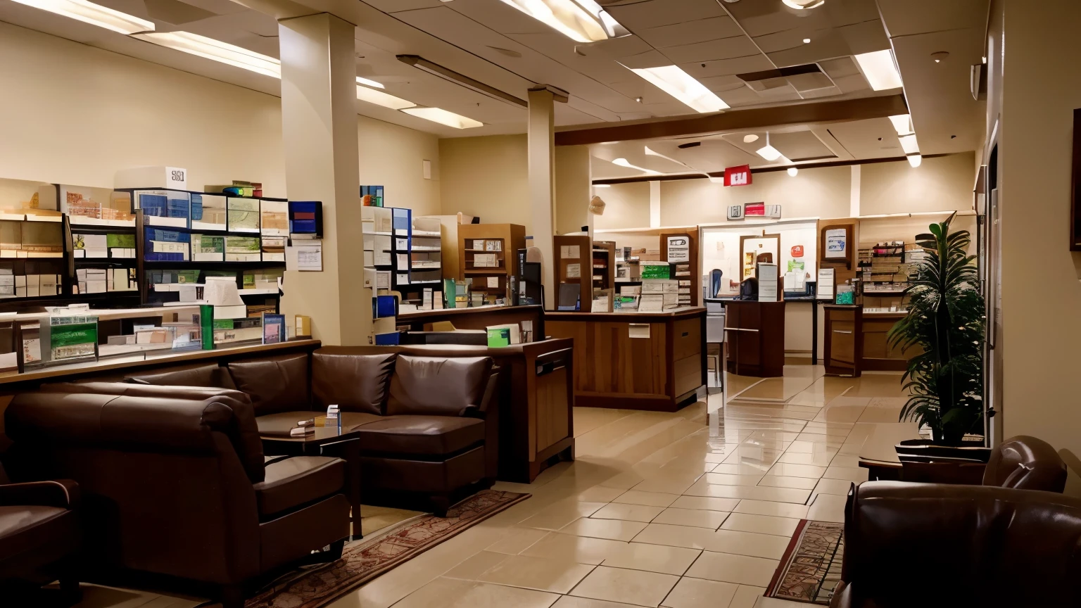 A cozy, inviting pharmacy interior with warm lighting, comfortable seating areas, and friendly staff interacting with customers.