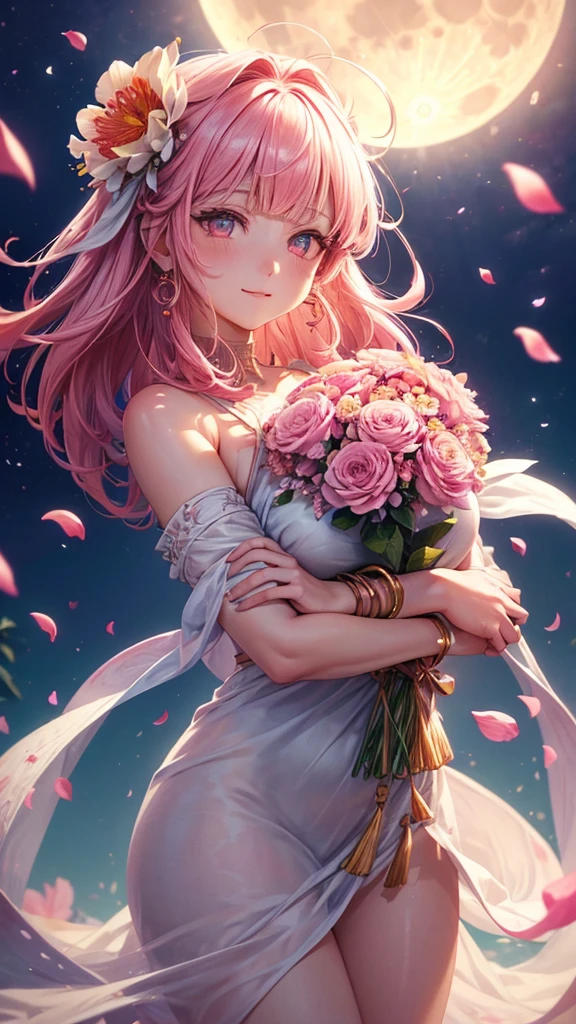 ((The big moon is in the background, petals,She holds the flower in both hands.)),pink hair, hair over shoulder, parted bangs, jewelry, flower on head, mismatched pupils, aqua eyes, heart earrings, light smile, closed mouth, cinematic lighting, UHD, textured skin, high details, best quality, highres, 4K, 8k