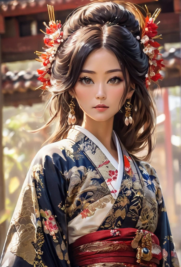 stunningly beautiful female A Thai-Japanese woman is wearing a traditional kimono with an ancient pattern, captured in a full-body shot from a low angle. Her hair is styled in a traditional Japanese manner, adorned with pearls , by Carne Griffiths, shiny skin, glossy skin, apocalyptic landscape,
intricate details, (ultra-realistic:1.05), (high saturation:1.05), (high contrast:1.05), 35mm raw photo,
embedding:Style-EMCG.pt, nsfw, full-body-shot