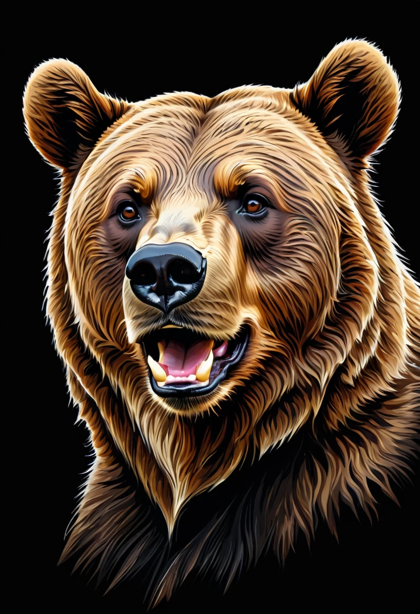 Golden bear head on black background, sharp edges, ​masterpiece, drawn with pencil, Vector image