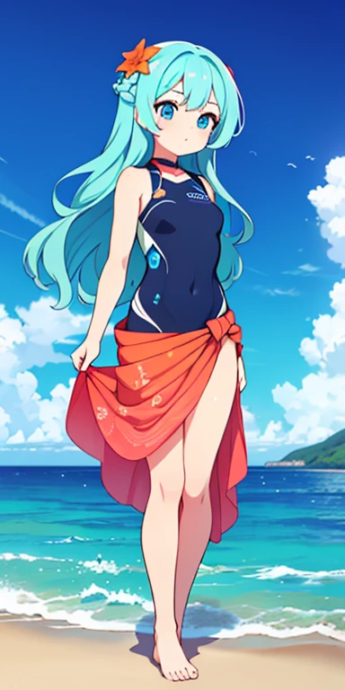 Full body, beautiful eyes , 1 girl  , full body , cute girl , anime style , cute eyes  , (standing up) , (Skye is a young, vibrant woman in her mid-twenties, with sun-kissed skin and ocean-blue eyes that reflect her deep connection to the sea. Her hair is long and wavy, cascading in shades of blue and teal, reminiscent of the ocean waves. She often wears a wetsuit adorned with intricate patterns of coral and seaweed, paired with a light, flowing sarong for a touch of elegance. ) , teenage girl 