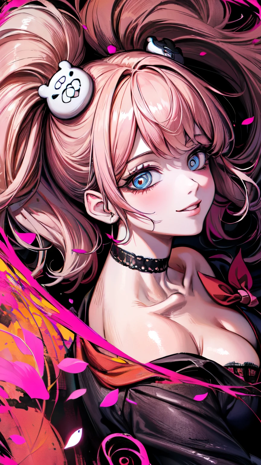 [nsfw:1.5], Junko Enoshima, (absurdres:1.5), (anatomically correct), (Oskar Kokoschka style:1.4), (abstract expressionism art:1.4), (photo once in 1000 years), (masterpiece), (highest quality), (super detailed), (floating), (detailed light), (portrait:1.5), long blonde twin tails, one girl, alone, (ultimate detailed and beautiful blue spiral eyes:1.5), (catchlight:1.5),deep cleavage, clavicle, mega breasts, bangs, smile, (looking at viewer:1.5), (high angle:1.5), bear hair ornament, nail polish, red nails, red bow, black shirt, underwear, choker, black bra, rolled up sleeves, white tie, red plaid pleated skirt, shiny, shiny hair, (pink rouge), (lots of sychedelic petals through the air:1.5), shiny skins