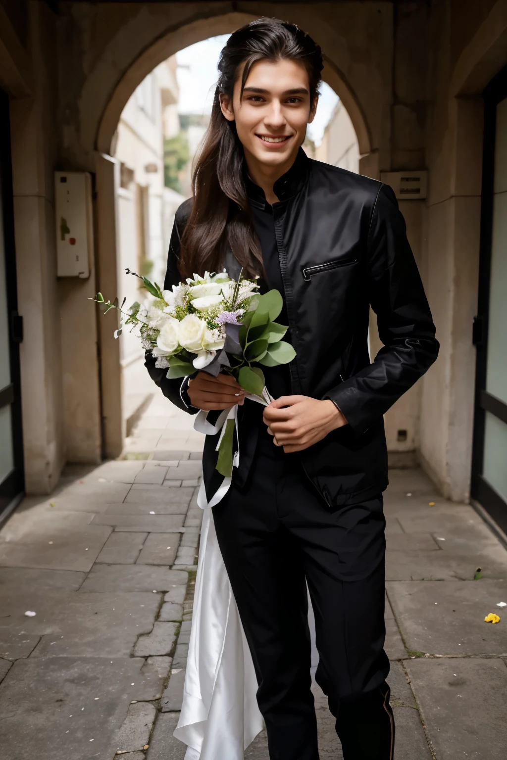 Imagine a 6 ft tall, 18-year-old boy, wearing a sleek black jacket, matching black pants, and polished black shoes. He's gently handing a bouquet of flowers to a beautiful 22-year-old girl, who has 5 feet with a bright smile. She's wearing a stunning light purple and white lehenga, her long hair cascading down her back, reaching her hips. 