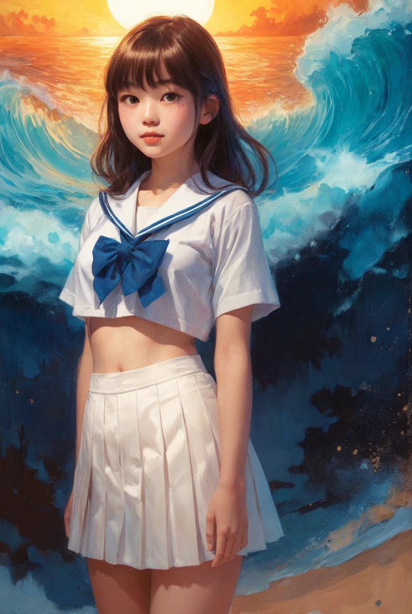 In front of the oil painting background wall, there is a young and beautiful Japanese female high school student, wearing a short white sailor suit, exposing her lower breasts, and a low-waisted ultra-short white pleated skirt.