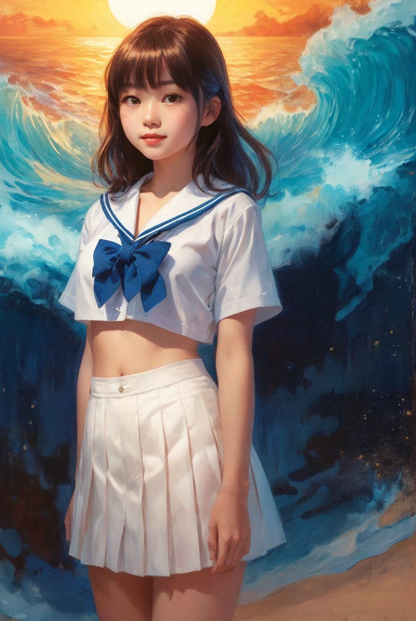 In front of the oil painting background wall, there is a young and beautiful Japanese female high school student, wearing a short white sailor suit, exposing her lower breasts, and a low-waisted ultra-short white pleated skirt.